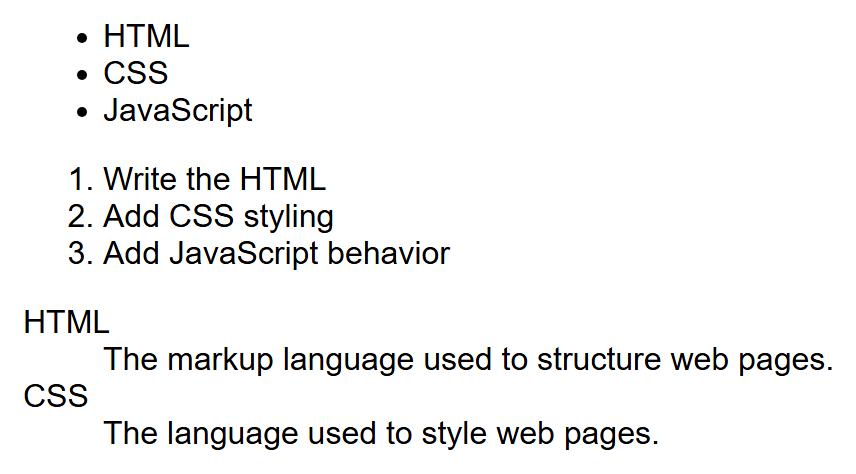 Rendered output: a bulleted list of HTML, CSS, JavaScript; a numbered list of three steps; and a description list pairing the terms HTML and CSS with their definitions