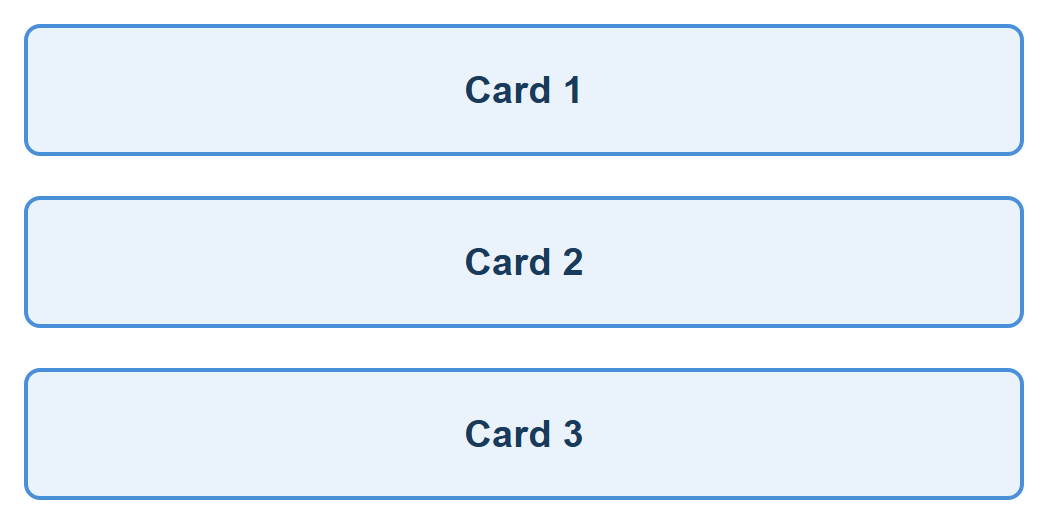 Rendered output: the same three cards now stacked one above the other in a single column, at a narrow mobile width below the 768px breakpoint