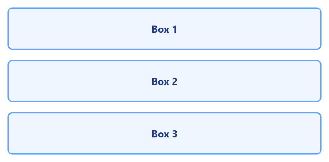 Rendered output: the same three boxes now stacked one above the other in a single column, at a narrow mobile width below the md breakpoint