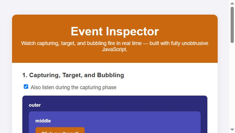 Rendered output: a white card titled "Event Inspector" on a light gray page, with a "Capturing, Target, and Bubbling" panel showing a checked "Also listen during the capturing phase" checkbox above three nested boxes — a dark navy "outer" box containing a lighter indigo "middle" box containing an orange "Click me (target)" button