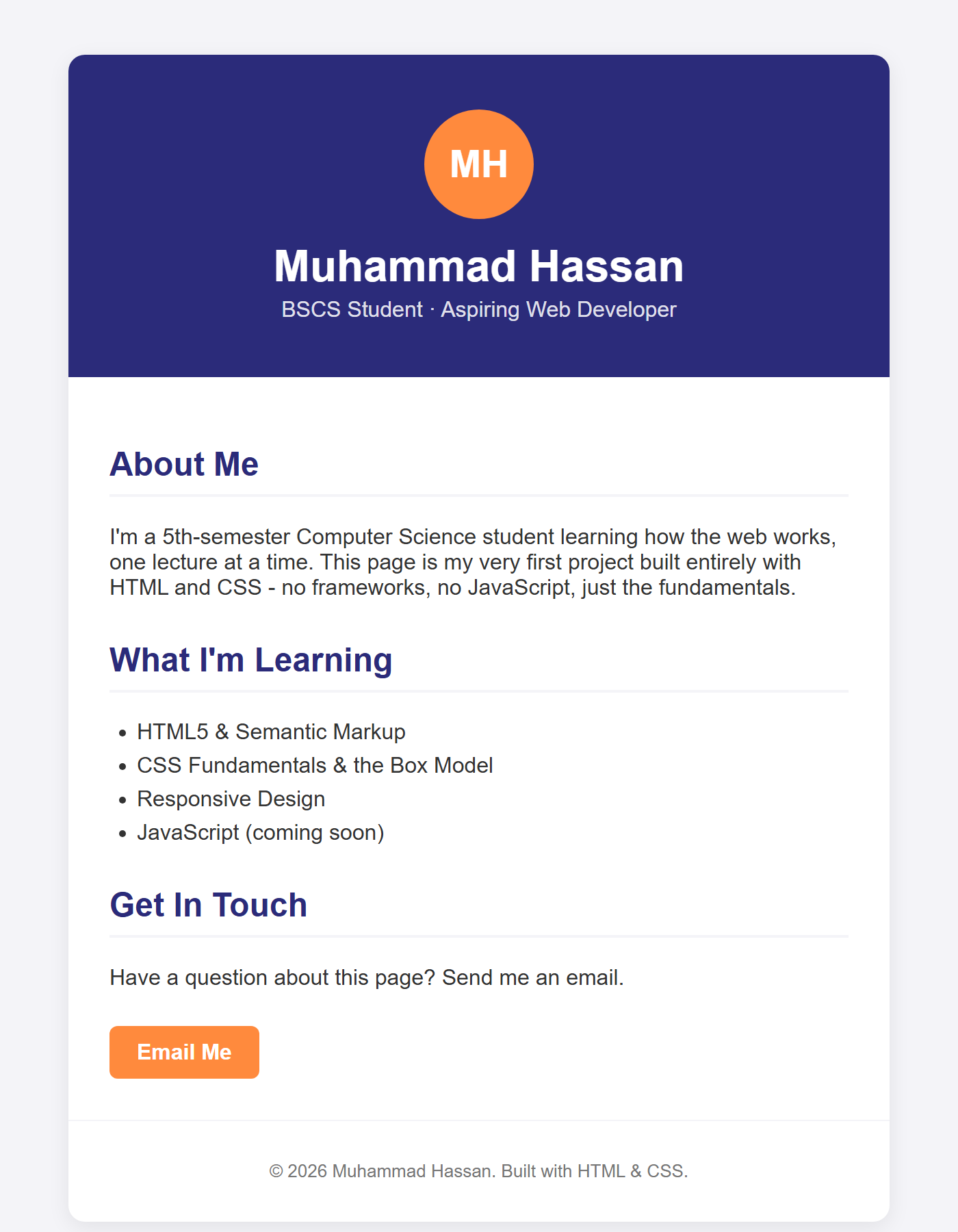 Rendered output: a centered white card on a light gray page, with a dark blue header containing an orange circular avatar showing the initials MH, the name "Muhammad Hassan" and a tagline, followed by About Me, What I'm Learning, and Get In Touch sections, and an orange "Email Me" button