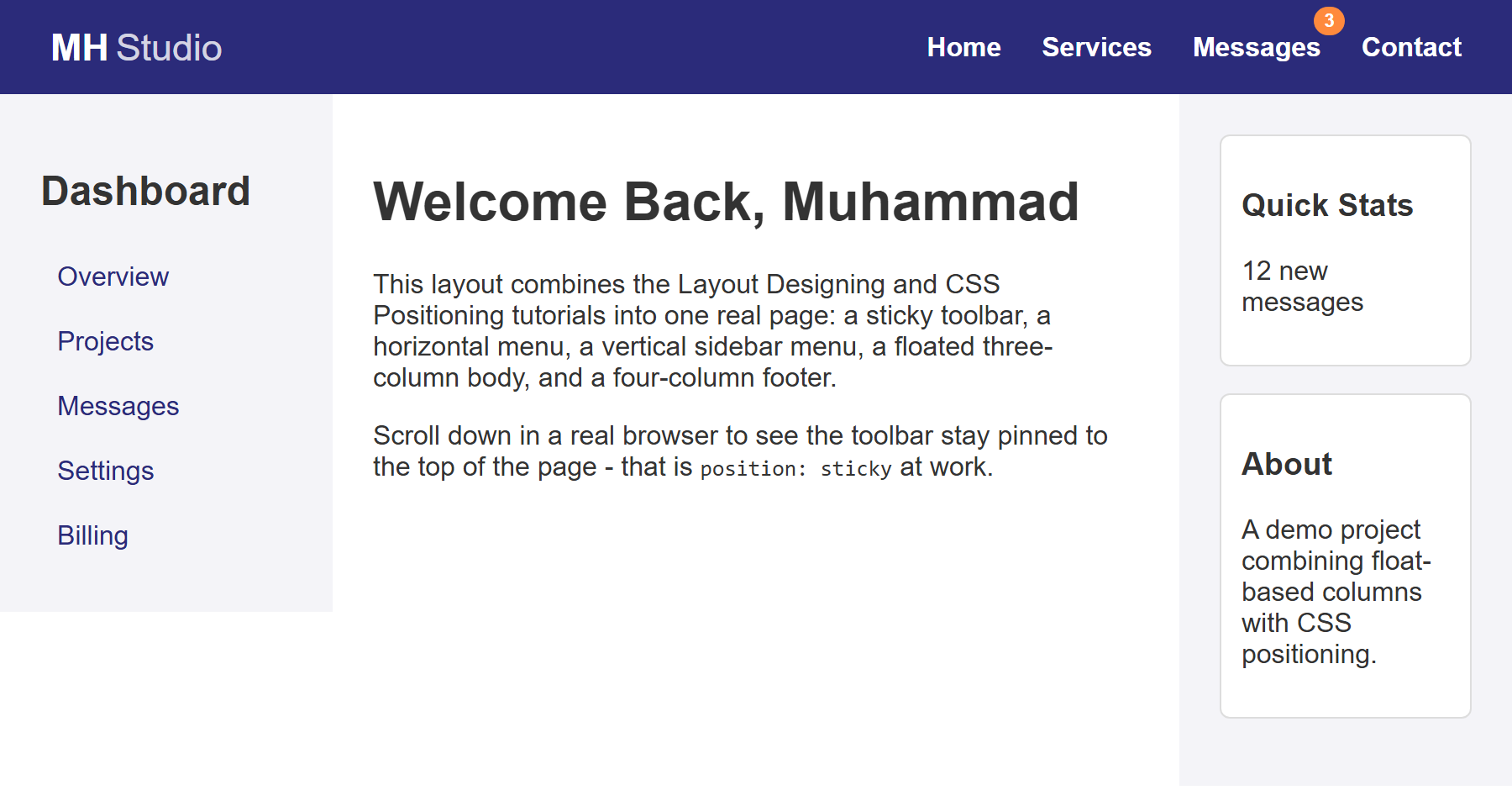 Rendered output: the toolbar above a three-column body, with a light gray Dashboard sidebar (vertical menu) on the left, a white main content area with a welcome heading and paragraphs in the middle, and a light gray widgets column with Quick Stats and About cards on the right