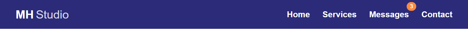 Rendered output: a dark blue toolbar with "MH Studio" logo on the left, a horizontal Home/Services/Messages/Contact menu on the right, and a small orange "3" badge floating on the top-right corner of "Messages"