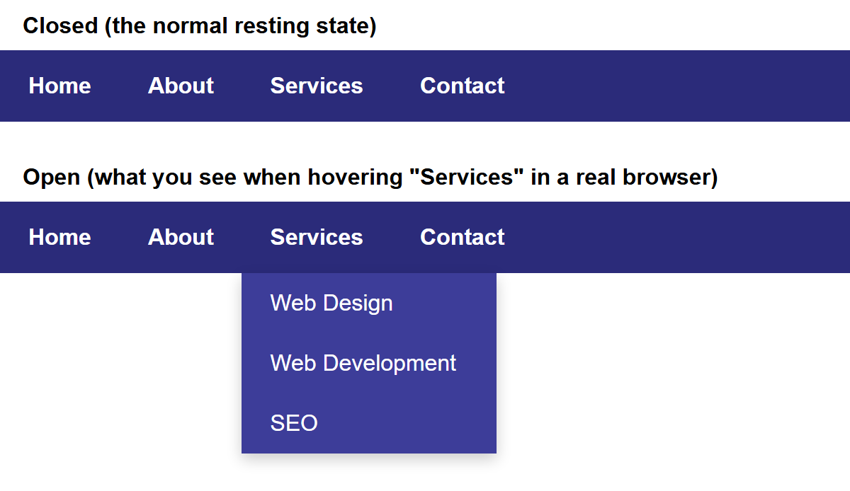 Rendered output: two versions of the same navigation bar stacked vertically; the top one shows the closed resting state; the bottom one shows the Services item with a vertical dropdown open below it, listing Web Design, Web Development, and SEO on a lighter purple background with a drop shadow